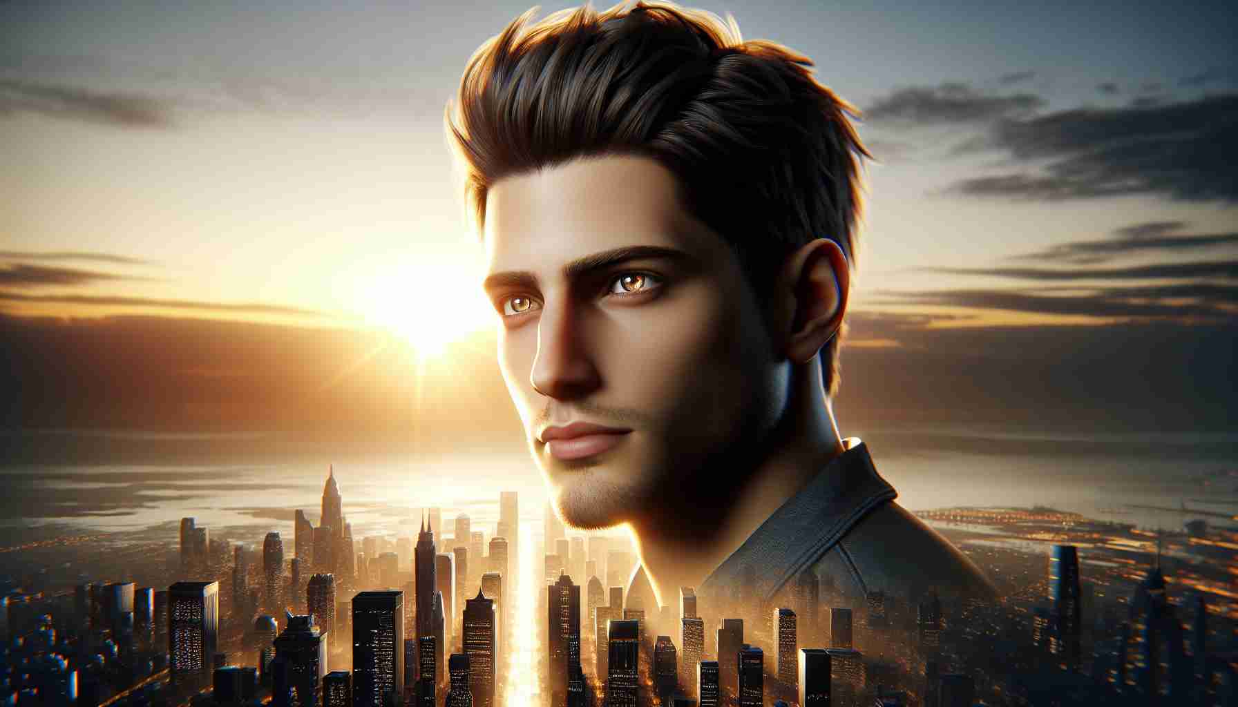 A high-definition, realistic image of a determined young man, resembling a pop singer with short dark hair and chiseled jawline, as he gazes into the future. He's standing on the edge of an urban landscape at sunrise, signifying new beginnings. The city behind him is adorned with skyscrapers glowing in the golden light, signifying ambitions, dreams, and a promising future. The man's eyes, full of hope and possibility, reflect the rising sun - an impactful symbol of his new journey ahead.