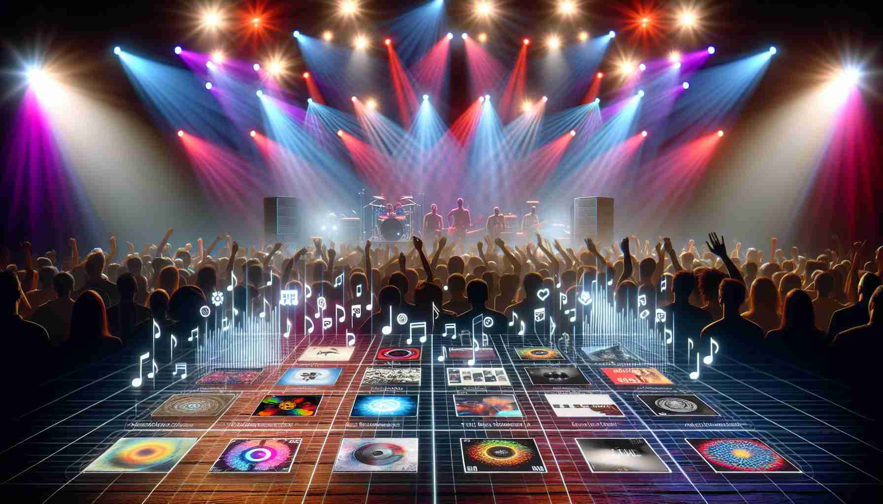 Generate a high-resolution image portraying the blend of live music and innovative playlist creations. The scene should showcase a crowded contemporary concert setting with multi-colored stage lights reflecting across an excited audience. In the foreground, display a transparent holographic interface populated with various album covers and song names, symbolizing the innovative playlist integration.