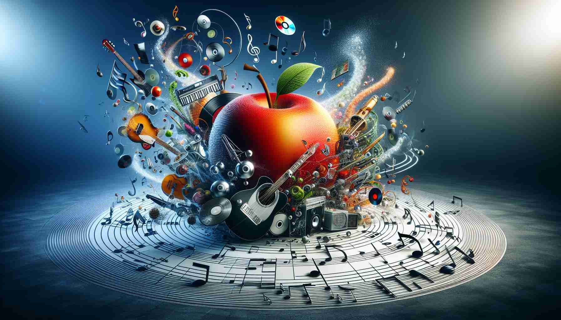 Generate a realistic HD image showcasing an abstract concept of unique collaboration and expansion themed around music. Set the stage on a grand musical backdrop with a huge apple as the centerpiece, symbolizing 'Apple Music'. Various exciting musical elements dance around, symbolizing expanding reach through unique collaborations. Examples of these could be vinyl records, CD, music notes, instruments, etc., all harmoniously merging into the scene.