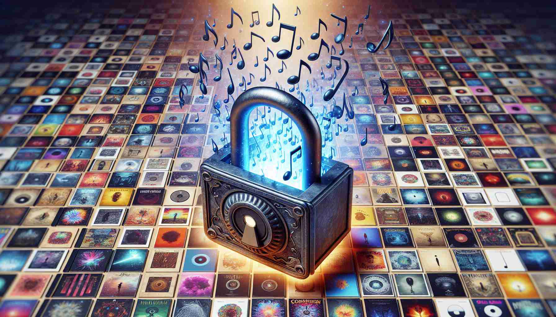 Generate a realistic high-definition image featuring the concept of unlocking musical creativity through personalized cover art. There should be an aesthetic representation of music notes floating emerging from an opened antique lock, signifying the unlocking of creativity. The background should contain an array of personalized album or playlist covers with various musical themes and genres.