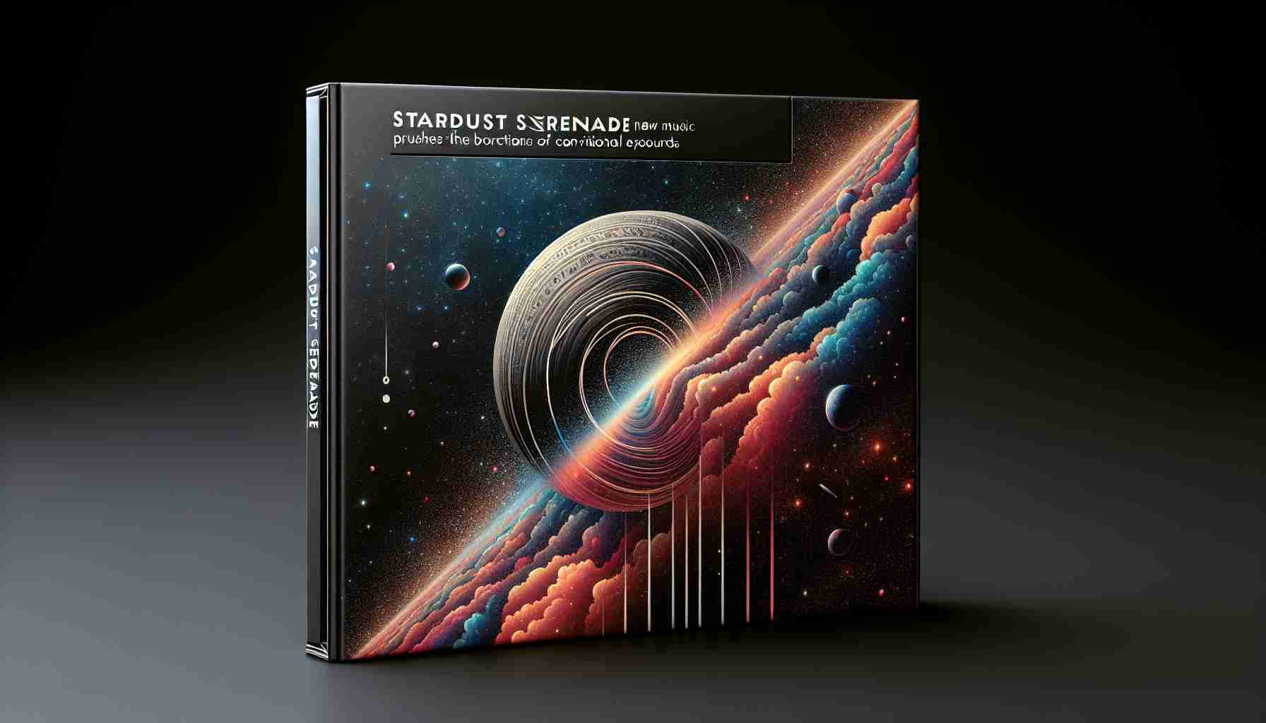 A high-definition, realistic image of a new album cover titled 'Stardust Serenade.' The design symbolises a bold new direction in music, pushing the boundaries of conventional sound. The primary elements should evoke the vast expanses of the cosmos with celestial motifs, encapsulated in a visual representation that harmonises with innovative musical explorations.