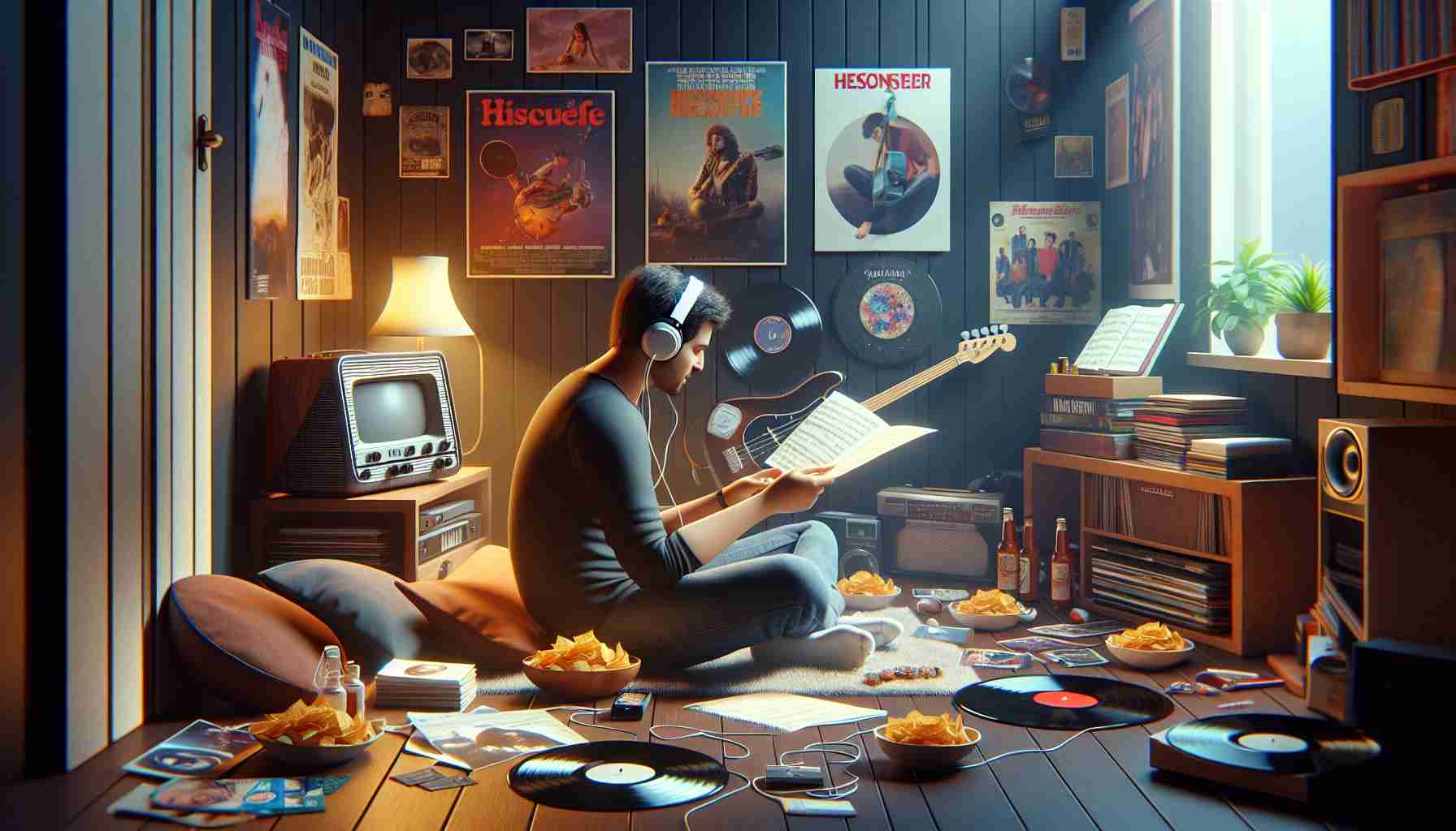 Realistic HD image depicting a totally personalized offline music experience. The picture should depict a person enjoying music in solitude, using headphones, and surrounded by tangible elements that show their unique musical taste- such as vinyl records, music scores, and posters. The listener should be either reading the liner notes of an album or fiddling with music equipment, evoking a sense of nostalgia associated with physical media. An array of snacks and a calming ambiance should complete this warm, intimate musical retreat.