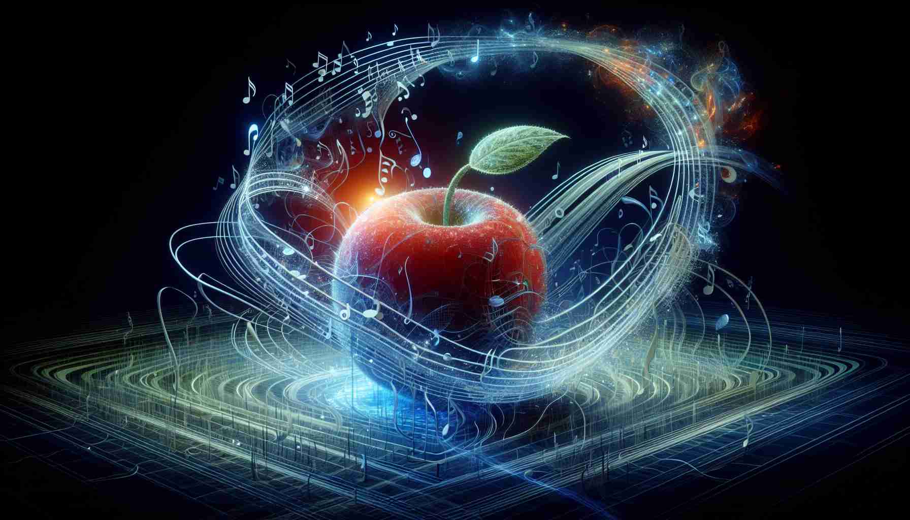 A high-definition, realistic image capturing the abstract concept of exploring a 'magical world of melodies'. Include graphical representations of music notes, streaming waves of sound and intertwined trails of harmony, perhaps emanating from a stylized apple which symbolizes the source of the melodies.