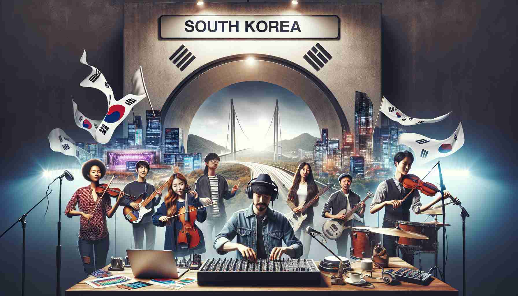 A high definition, realistic image showcasing the diverse and inclusive gateway that is South Korea's music industry. Depict a thriving music scene with well-equipped recording studios, cutting-edge concert venues, and a variety of musicians from all over the world, including Hispanic male DJ, Black female vocalist, Middle-Eastern male drummer, South Asian female violinist, Caucasian male guitarist; all displaying cooperation, creativity, and passion for their craft.