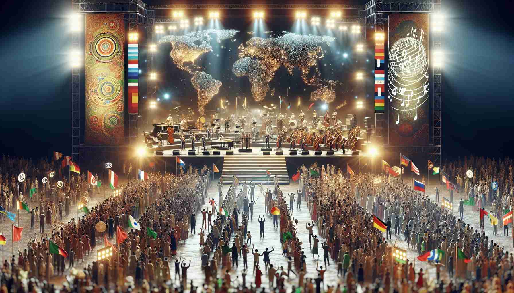 A realistic, high-definition image of a grand event celebrating a cultural music phenomenon. The scene is filled with diversity, from the wide range of musical instruments characteristic of various global cultures, to people of different descents and gender enthusiastically participating in the festivity. Brilliant lights illuminate the stage where the live performances are taking place, while banners are artistically crafted displaying a combination of musical notes and world map, symbolizing the global unity of music. Please avoid direct or indirect references to any specific brands or proprietary logos.