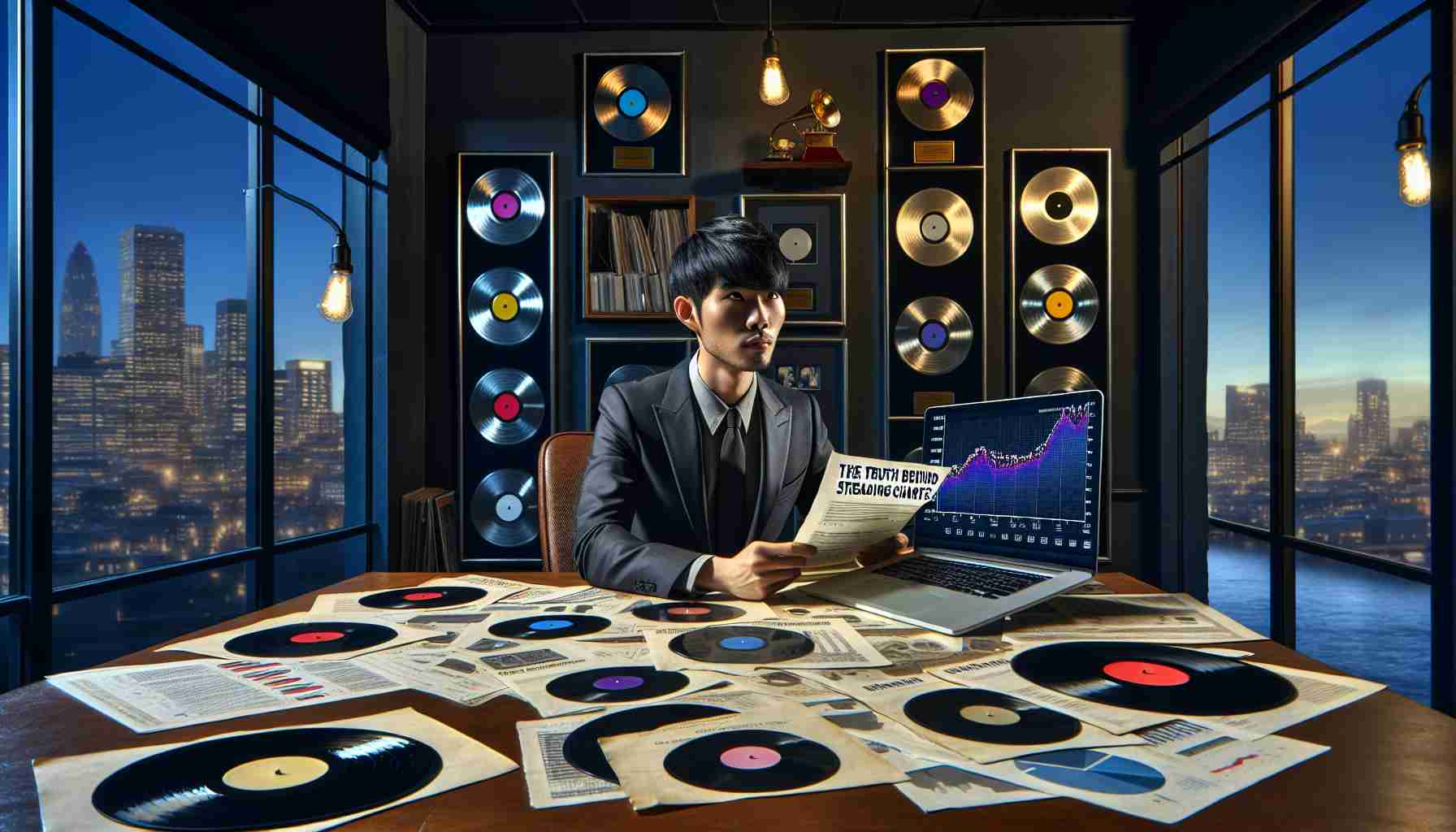 High definition, realistic image of an anonymous professional from the music industry, seated at a table covered with scattered records, streaming data diagrams, and a laptop showing a chart of streaming music statistics. The individual, an Asian male, is holding a secret document entitled 'The Truth Behind Streaming Charts' with a serious expression of revelation on his face. The room around him is an executive office, with platinum records mounted on the wall and a large, wide window showing the city skyline at twilight. The overall theme captures the secret dynamics of the music streaming industry.