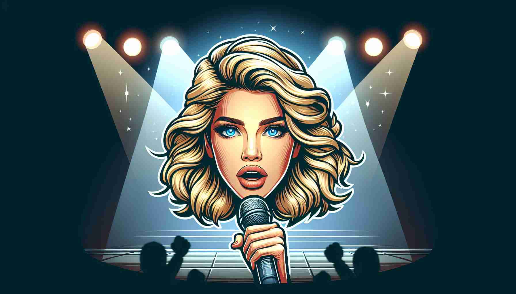 An image representing a popular female singer with blonde hair and blue eyes, known for her catchy pop-country tunes, venturing into acting with a new role in a movie. She is seen in a dramatic pose under stage lights, illustrating an intense performance.