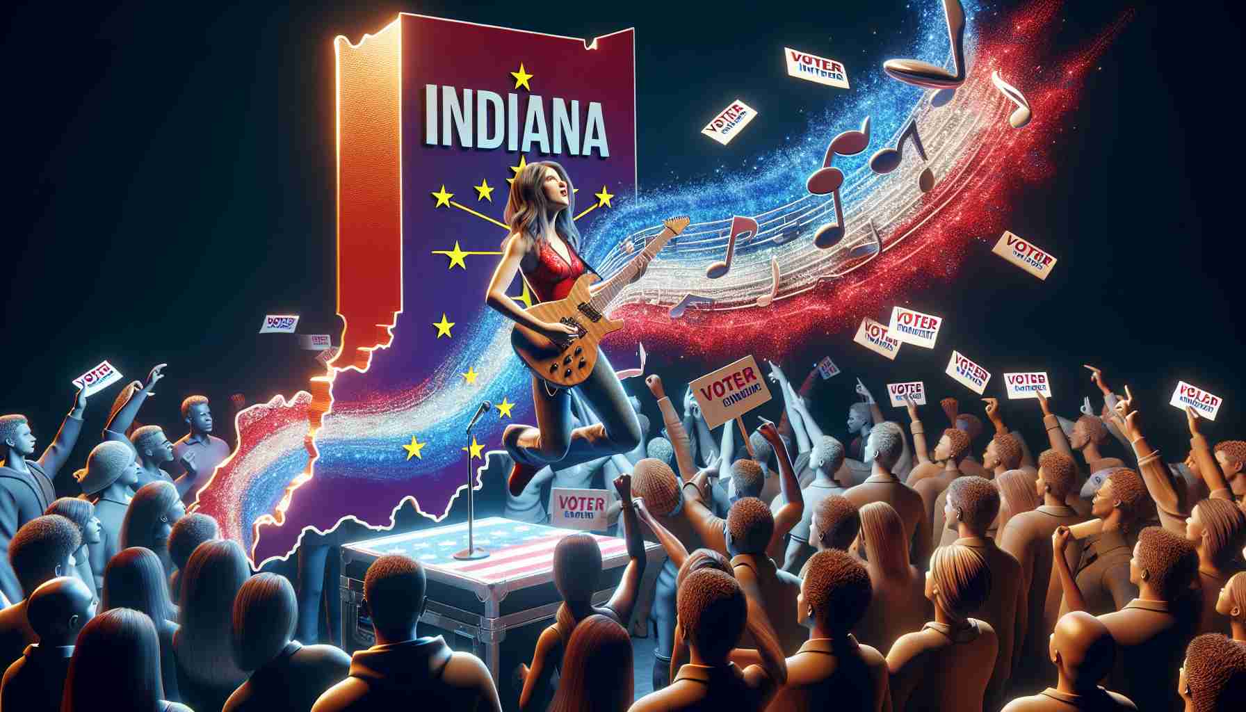 A high-definition, photorealistic portrayal of the impact of a popular female musician's influence on voter engagement in Indiana. Show her music, represented energetically and powerfully, inspiring young people of various descents who are eager to engage with democracy. Include symbolic elements such as music notes, ballots, and the state of Indiana to illustrate this concept.