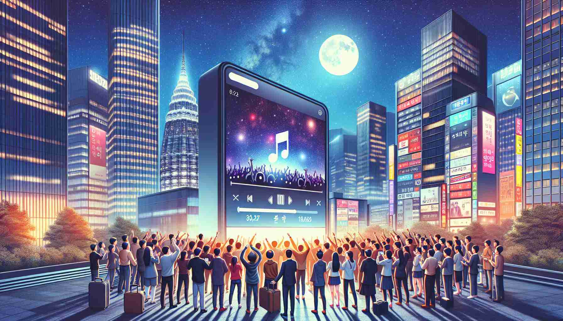 Create a high-definition, realistic image representing the concept of South Korea wholeheartedly accepting music streaming services. The scene could include a large crowd of diverse South Koreans, both men and women of all ages, gathered around a massive display screen showcasing a popular local music streaming app. Some are happily listening to music through their earphones, while others excitedly explore the app on their smartphones, perhaps in the bustling heart of Seoul with skyscrapers towering overhead under the bright moon and stars.