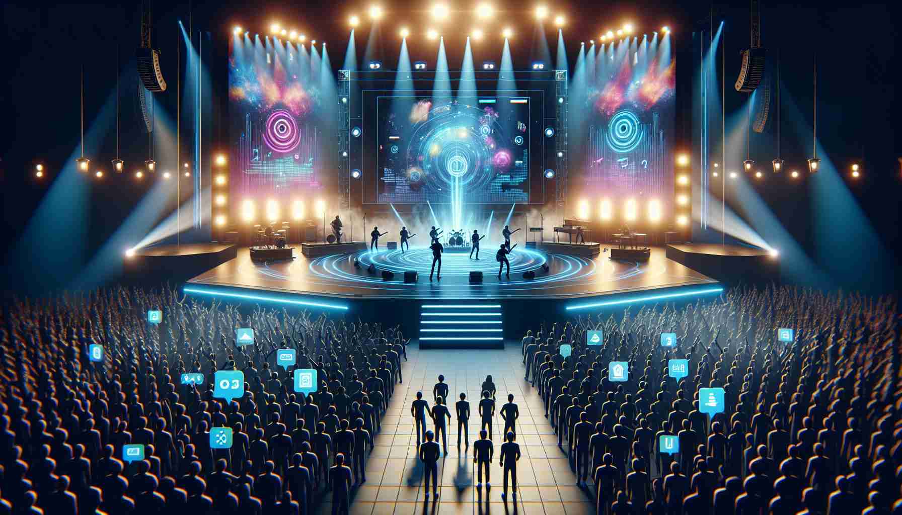 High-definition realistic image of a conceptual launch event for a Virtual Concert Experience on a popular music streaming platform. The scene includes a grand stage with vibrant digital visuals, surrounded by virtual audience icons. On the stage, musician silhouettes are performing under spotlights. The atmosphere is energetic and filled with virtual cheers and applause.