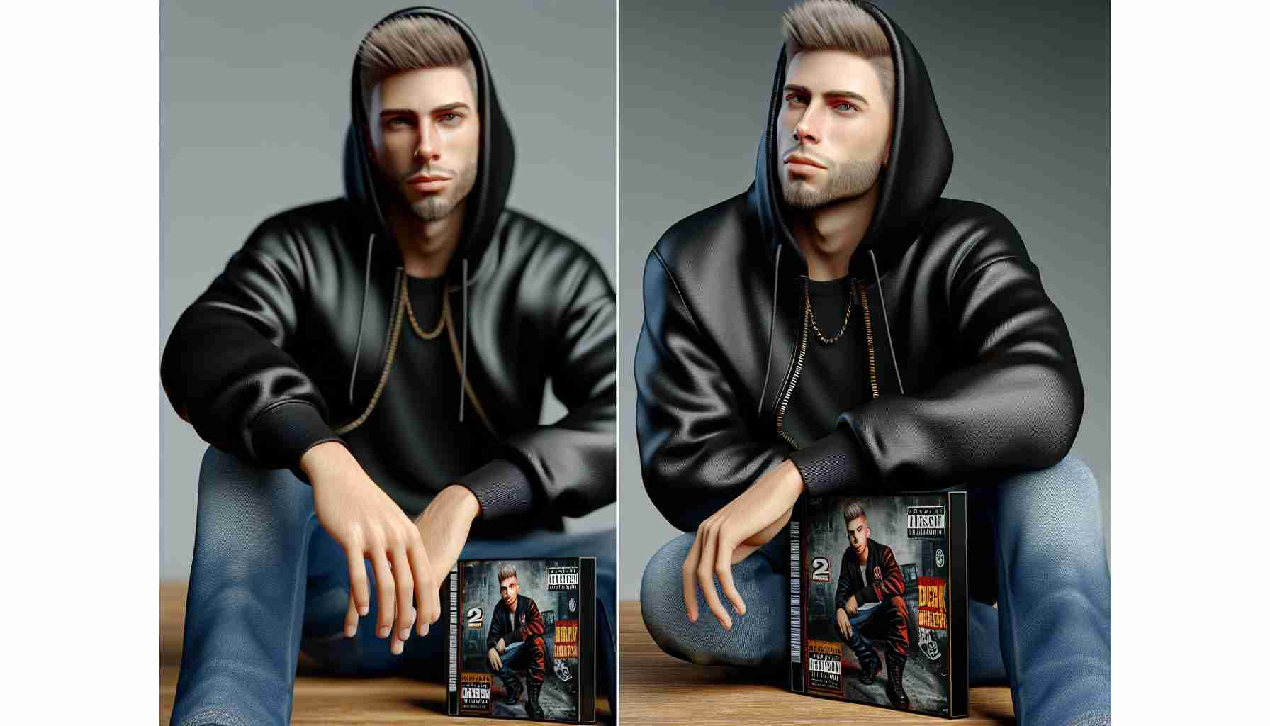 Realistic HD photo of a male rapper who is breaking records with his latest album. He is wearing a black hoodie and jeans, has short blonde hair, and a serious look on his face. The album cover is visible, boasting bold colors and edgy typography.