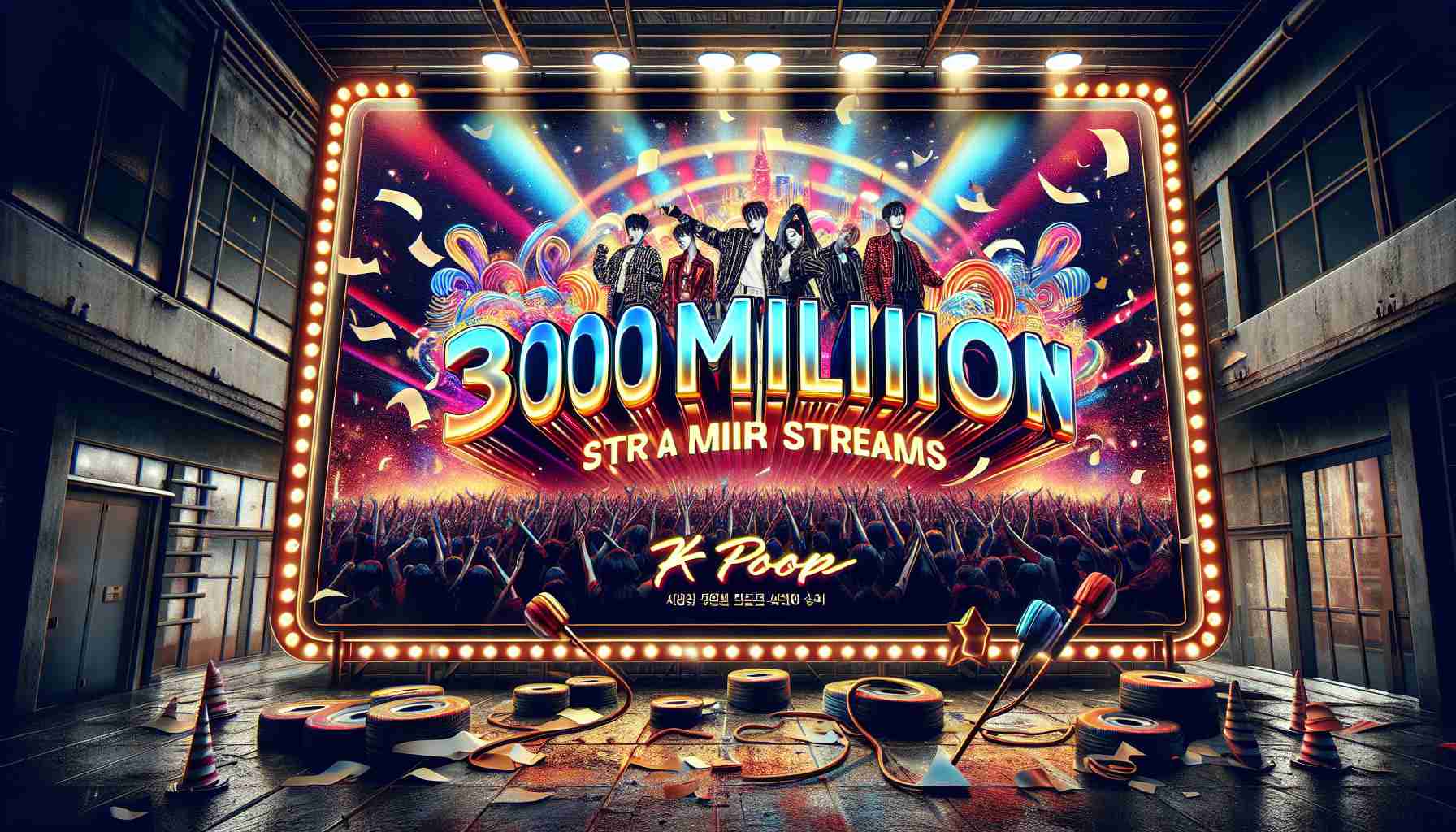 Realistic high-definition image of a banner headline celebrating a South Korean pop band reaching the milestone of over 300 million streams with their new hit single. The banner headline should be set against a grand festive background complete with grungy urban elements and K-pop style color scheme. The headlining text should reflect intensity and excitement, with vibrant colors and bright lights.