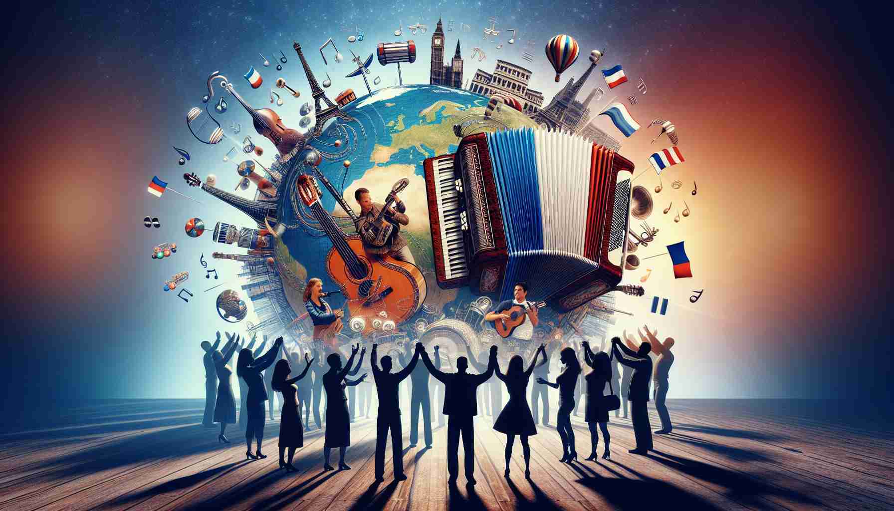 A high-definition image showcasing the global influence of French music. The scene could include diverse individuals appreciating the music from different parts of the world. Consider depicting iconic French musical instruments like the accordion or traditional French horn. The atmosphere should be lively and vibrant, capturing a sense of shared joy and connection through music. It would be nice to also illustrate some international landmarks subtly woven into the image as a testament to the global reach of French music.