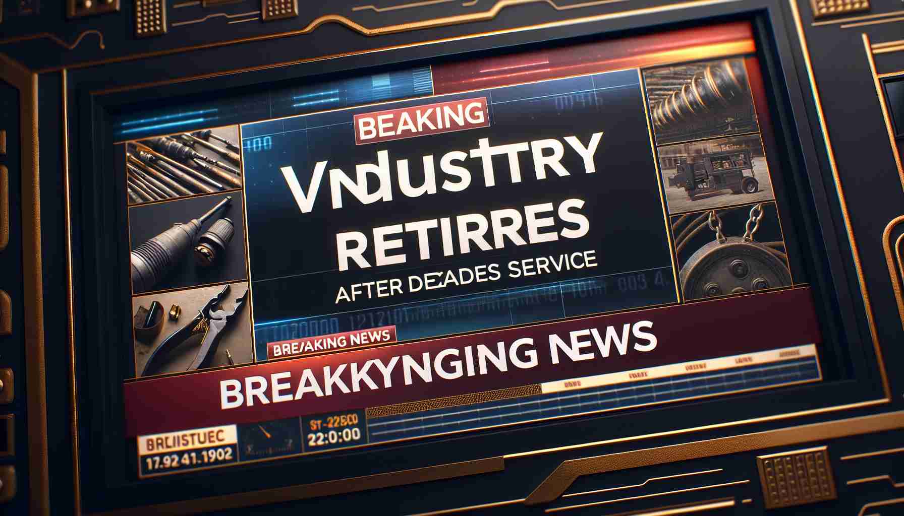 A high-definition photographic representation of a breaking news screen. The headline text reads, 'Industry Veteran Retires After Decades of Service'. This display features standard elements associated with a generic news broadcast: a banner with scrolling text at the bottom, a news logo, pertinent graphics and the main breaking news headline. The background of the headline could depict imagery associated with the unspecified industry of the retiring veteran, perhaps tools or objects related to the profession.