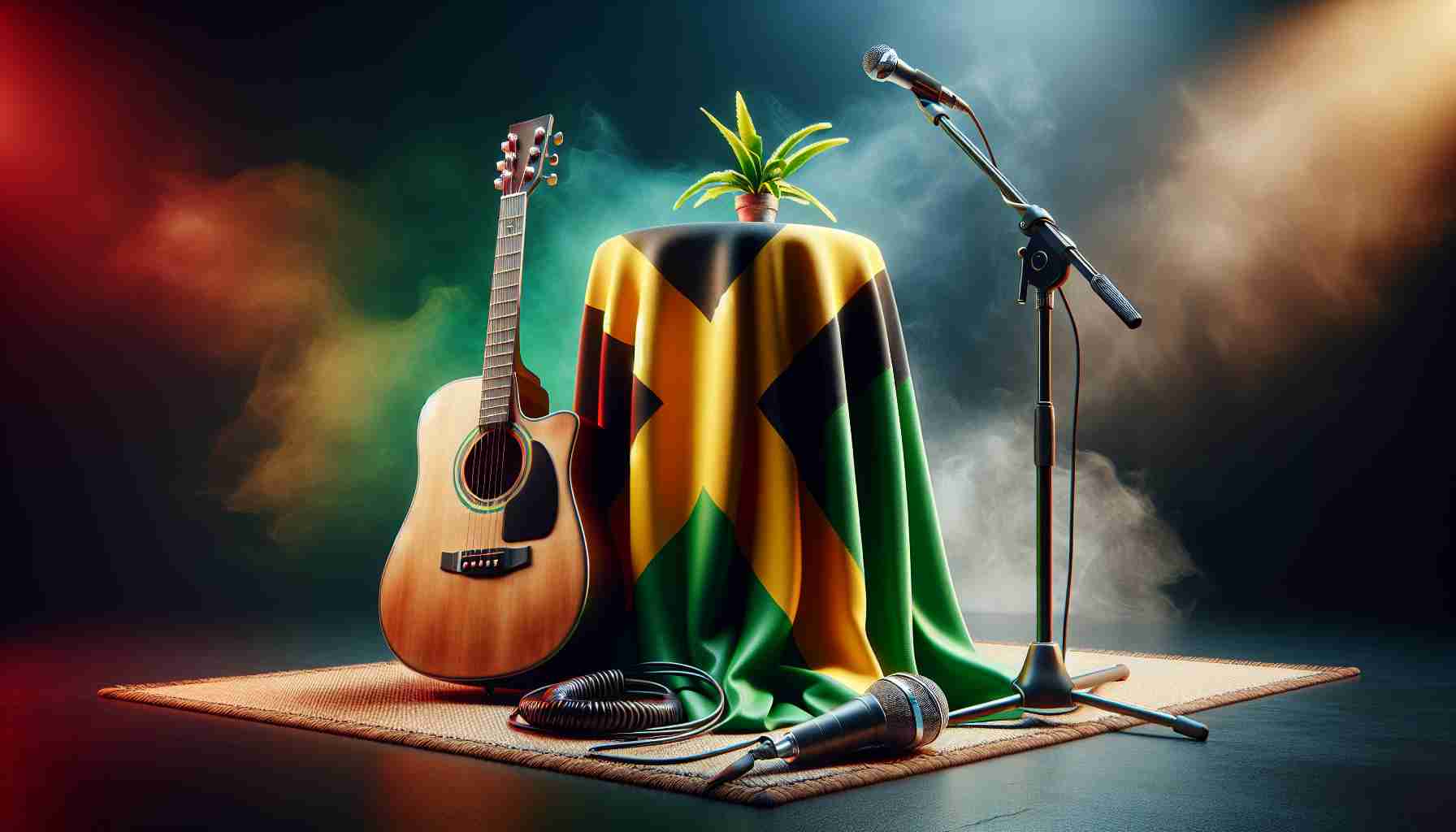 Realistic HD image of a popular, rising sensation in the reggae music scene. Signifiers of their profession include a microphone stand adorned with a colorful, Jamaican flag, their acoustic guitar resting nearby and a vibrant backdrop that depicts the energetic vibes of reggae music culture.