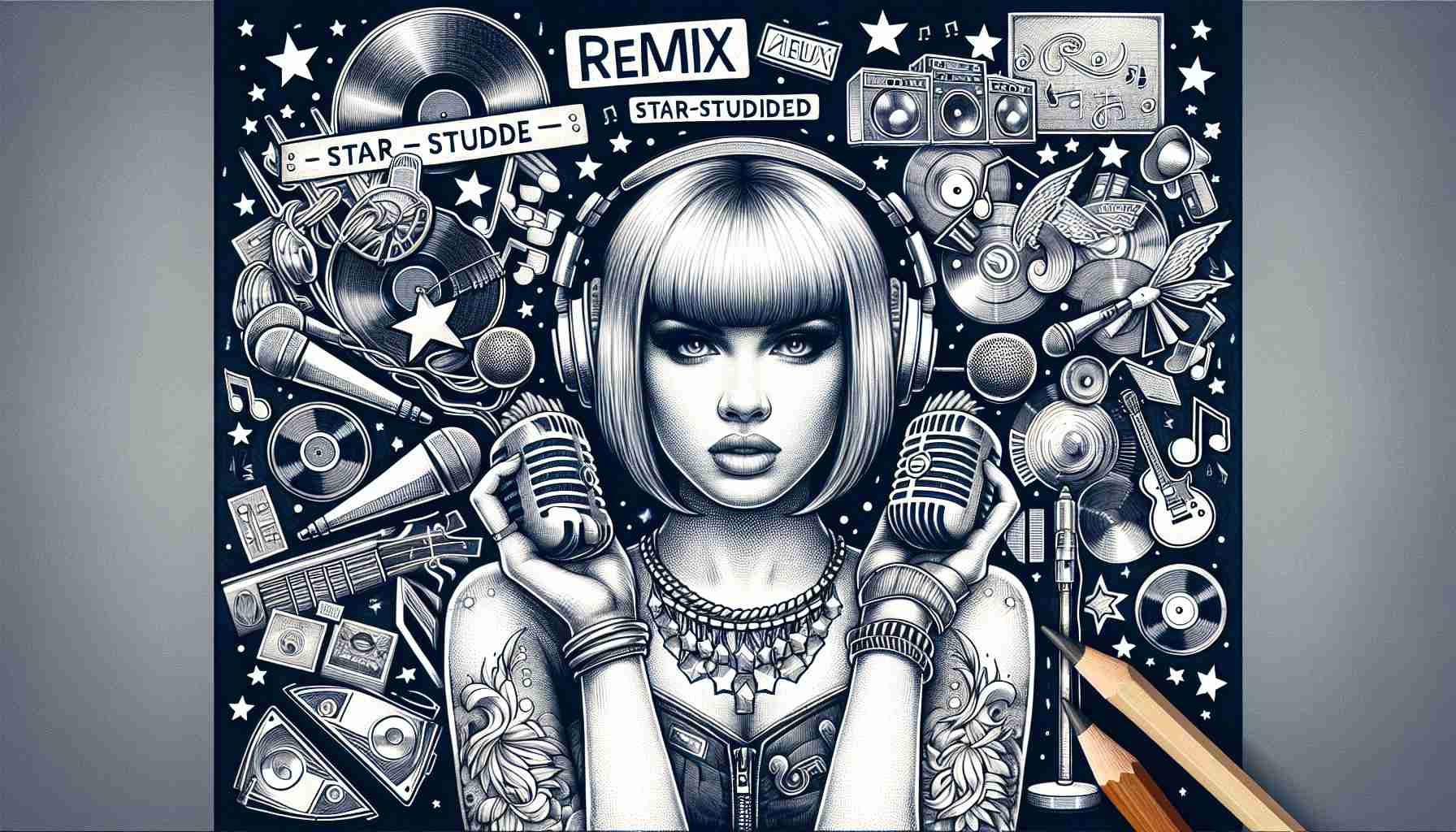 Create a detailed and realistic HD picture. The main focus should be on a generic female musician with a bold style, surrounded by symbols of music such as musical notes, records and instruments. The imagery should also include indications of collaboration, like multiple microphones or headphones. In the background, incorporate an album cover with a 'remix album'' label and hand-drawn stars to represent 'star-studded'. Remember to maintain an air of excitement and anticipation to reflect the concept of an upcoming release.