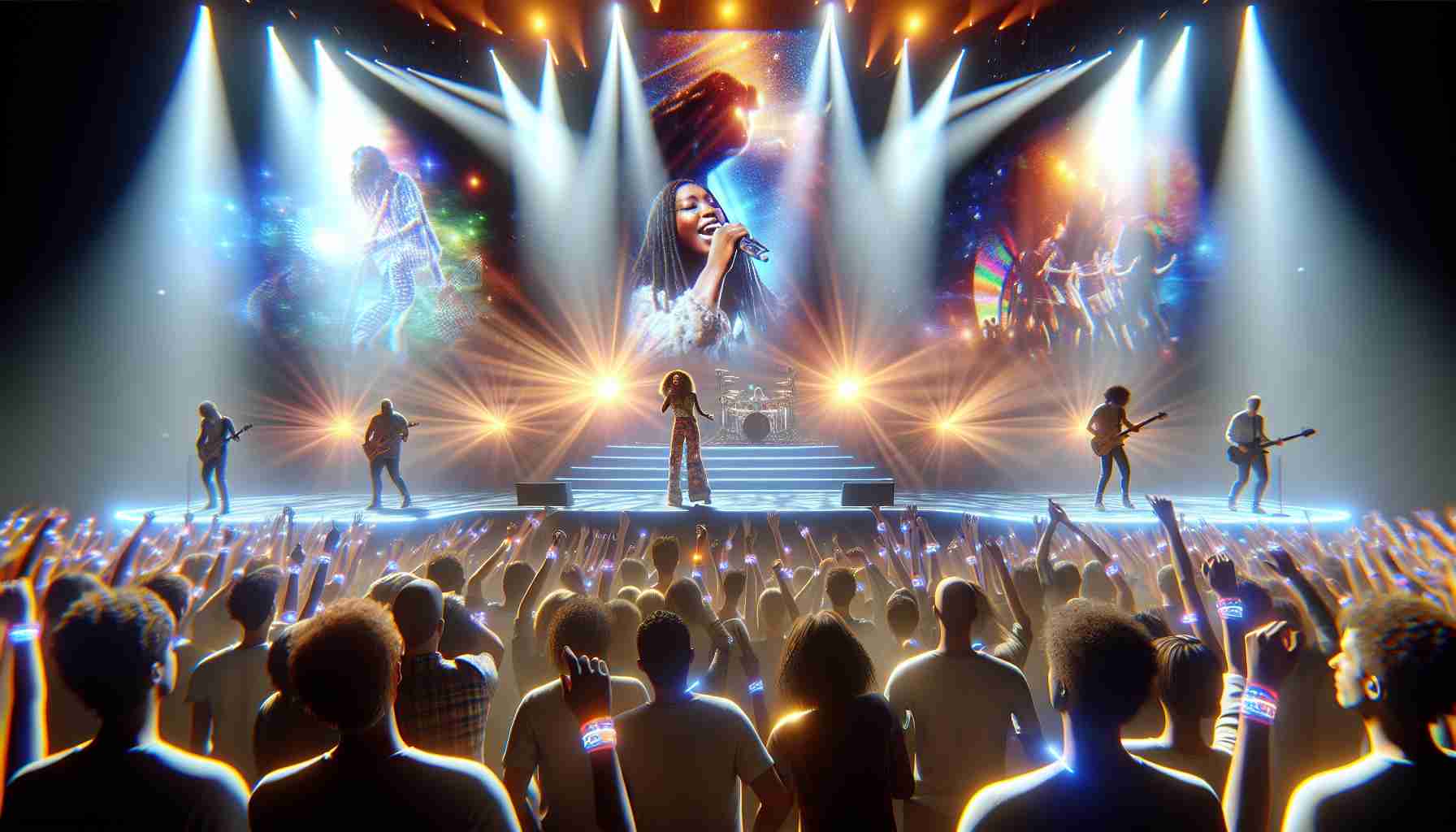 An up-close, high-definition image of a concert experience that is transforming through cutting-edge technology. Imagine seeing the stage from the perspective of a concert-goer, with a band performing energetically under bright, colorful lights. The singer, a Black woman, is at the center of the stage, passionately singing into a microphone. Off to the side, a mixed-race male guitarist plays a thrilling solo. The audience, comprised of people of varying genders and descents, is illuminated by wristbands synced to the music's rhythm, creating a dazzling light show. Large holographic displays project lifelike images around the stage, contributing to a sense of immersive spectacle.